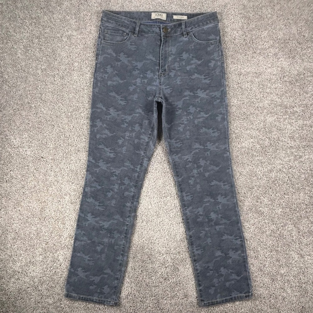 LOGO Lori Goldstein Womens Straight Leg Camo Denim Jeans Blue Gray Size 10